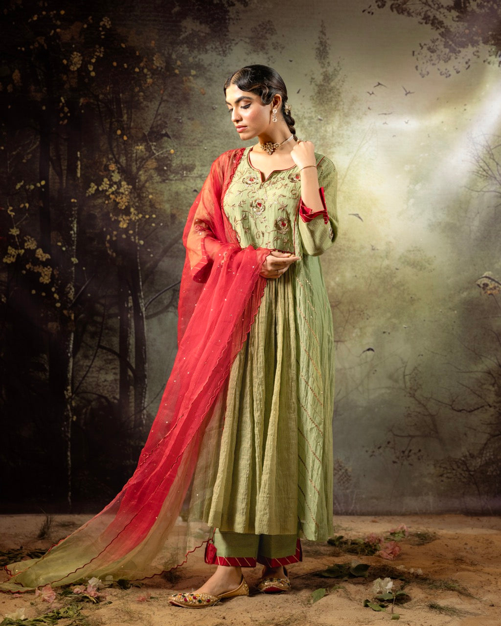 Elaichi Green Center Gathered A-line Kurta Set