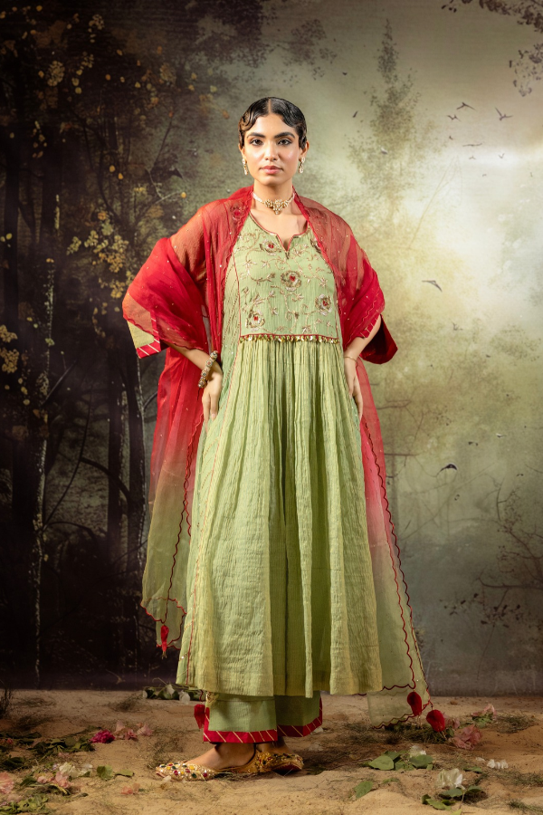 Elaichi Green Center Gathered A-line Kurta Set