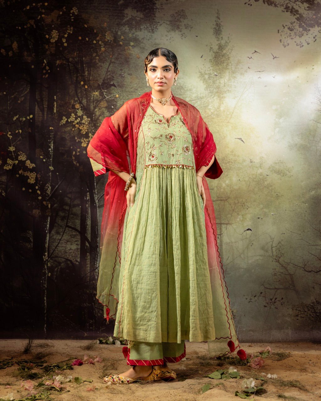 Elaichi Green Center Gathered A-line Kurta Set
