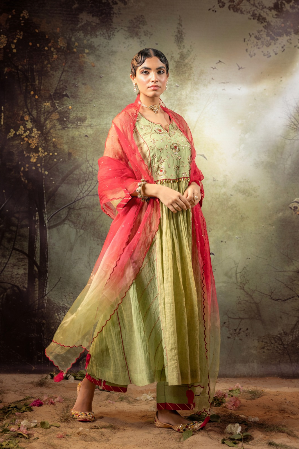 Elaichi Green Center Gathered A-line Kurta Set