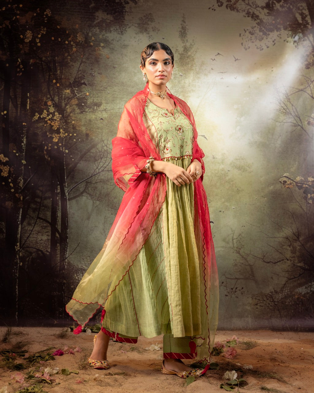 Elaichi Green Center Gathered A-line Kurta Set