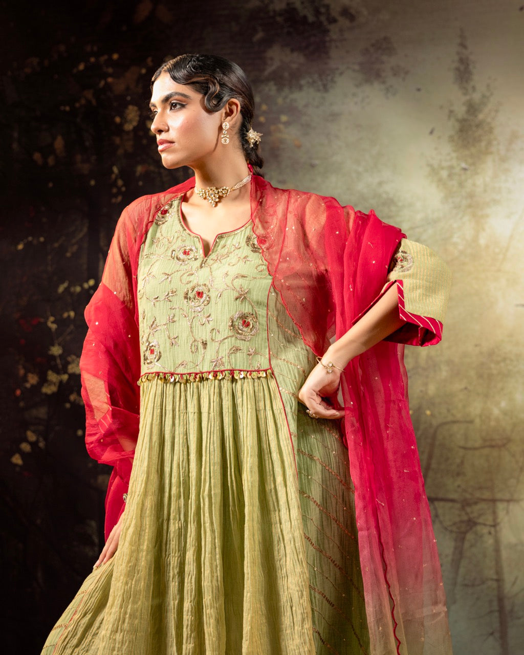 Elaichi Green Center Gathered A-line Kurta Set