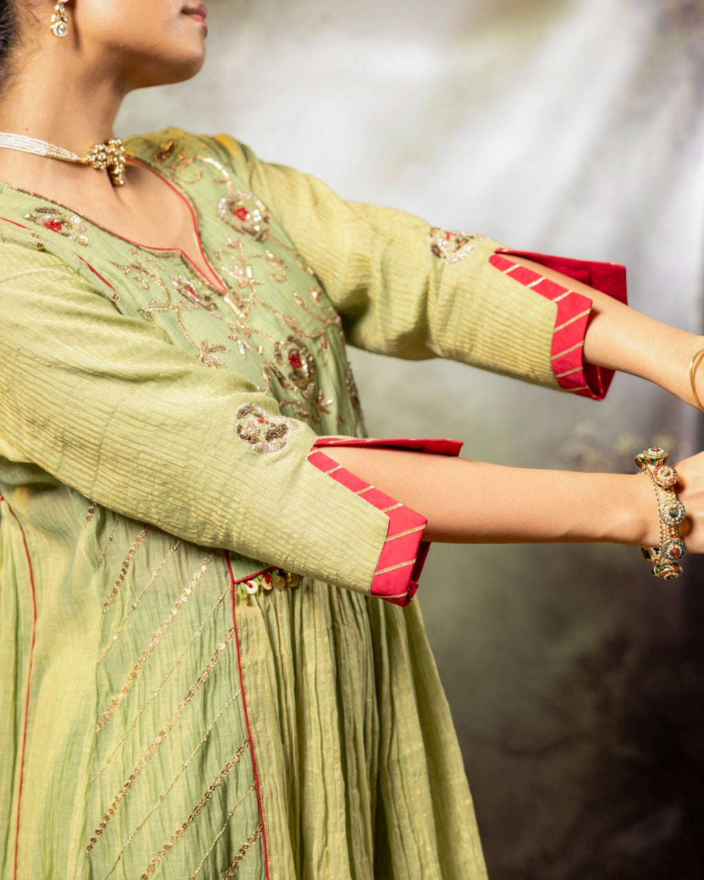 Elaichi Green Center Gathered A-line Kurta Set