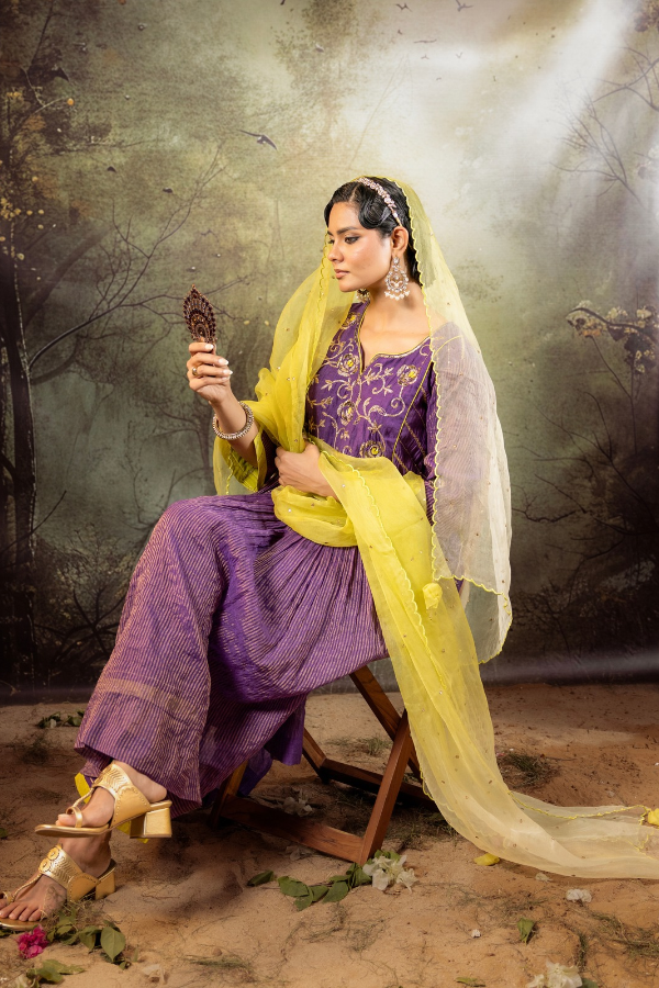 Purple Center Gathered A-line Kurta Set