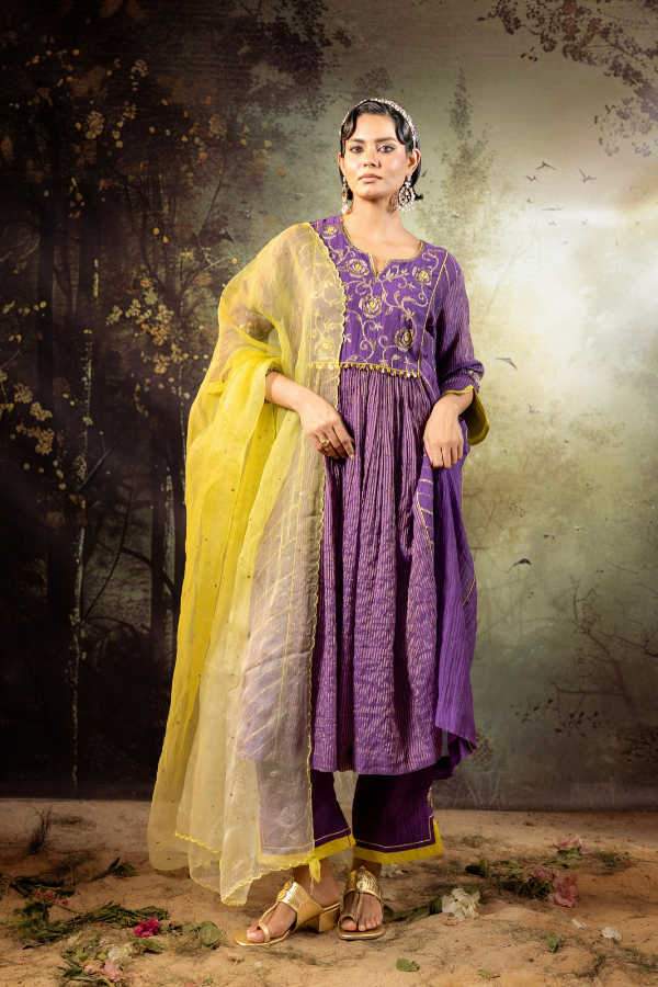 Purple Center Gathered A-line Kurta Set