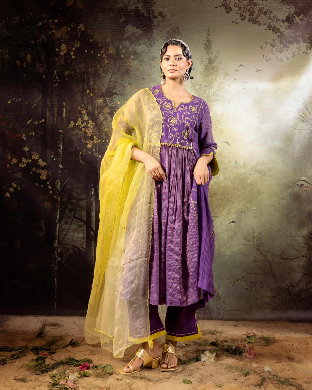 Purple Center Gathered A-line Kurta Set