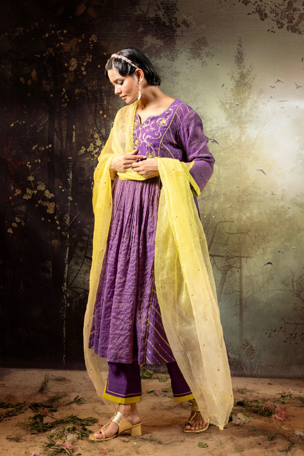 Purple Center Gathered A-line Kurta Set