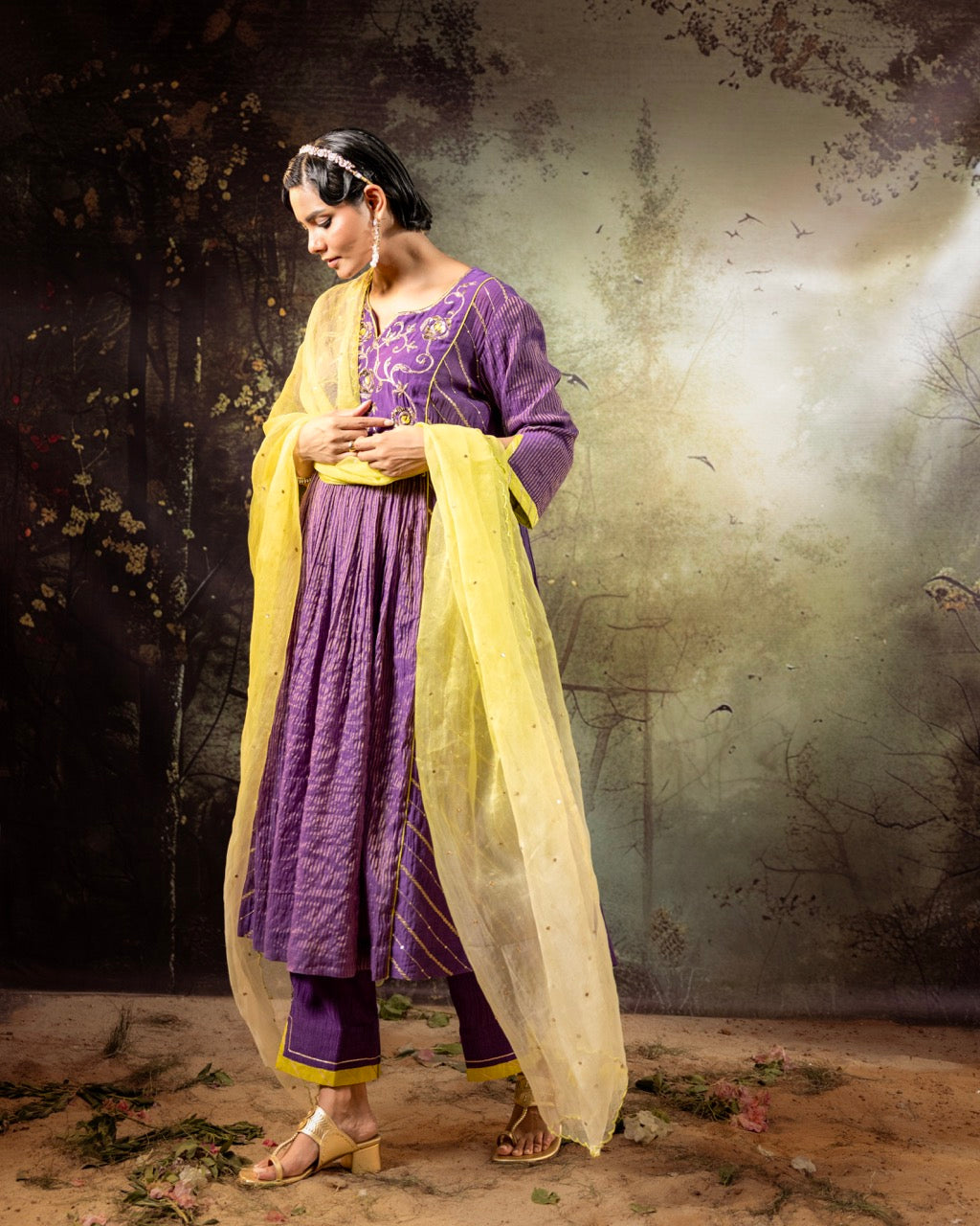 Purple Center Gathered A-line Kurta Set