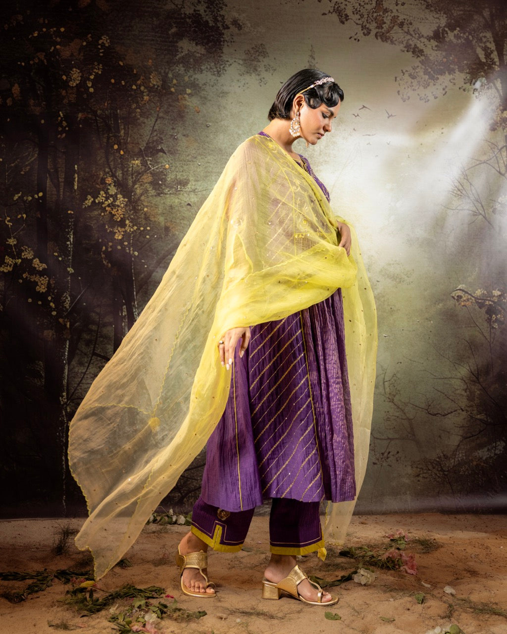 Purple Center Gathered A-line Kurta Set