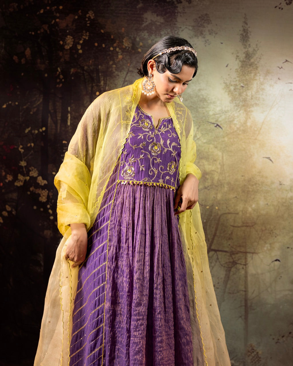 Purple Center Gathered A-line Kurta Set