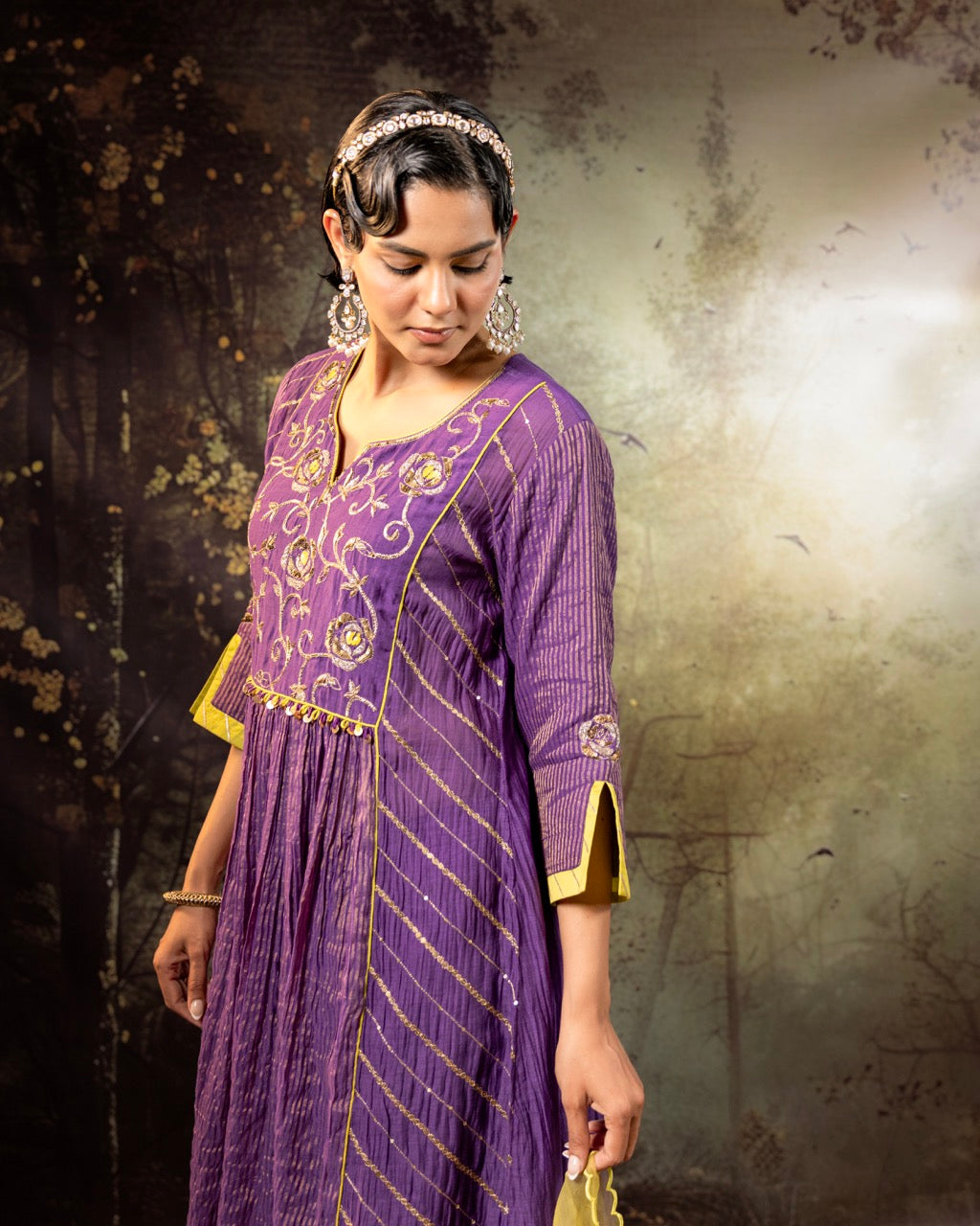 Purple Center Gathered A-line Kurta Set