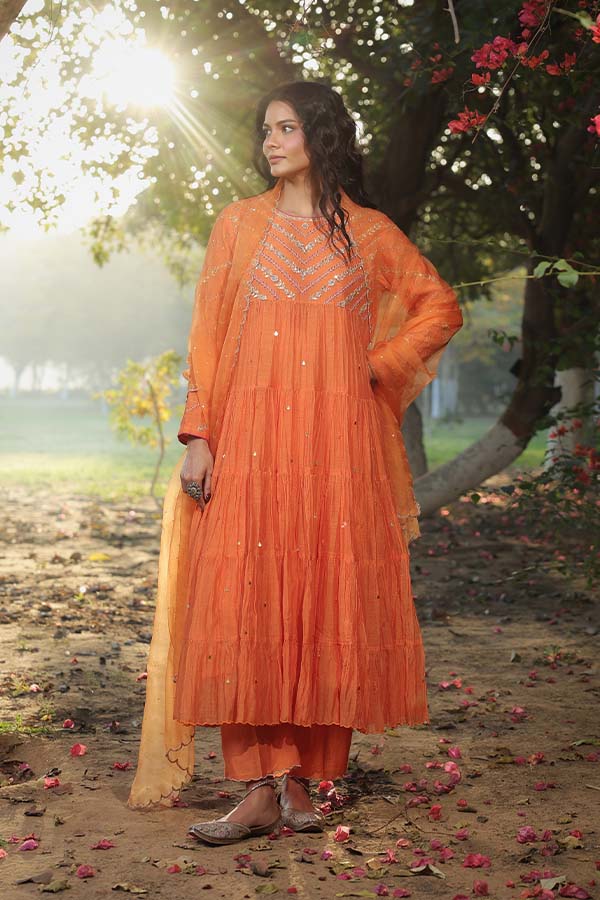 Orange Tier Anarkali Set