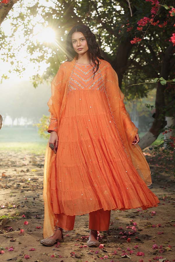 Orange Tier Anarkali Set