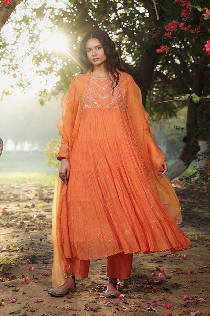 Orange Tier Anarkali Set