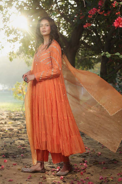 Orange Tier Anarkali Set