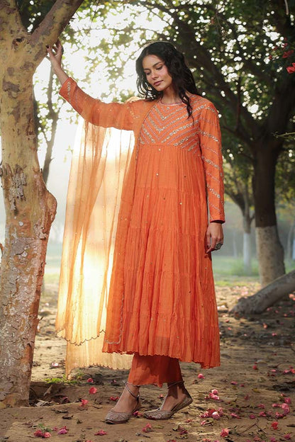 Orange Tier Anarkali Set