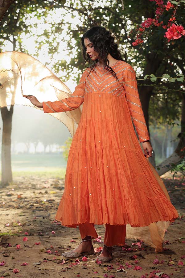 Orange Tier Anarkali Set