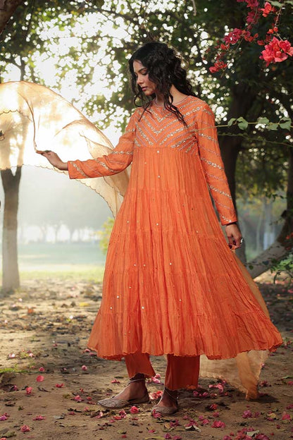 Orange Tier Anarkali Set