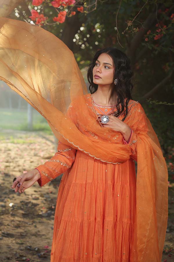 Orange Tier Anarkali Set
