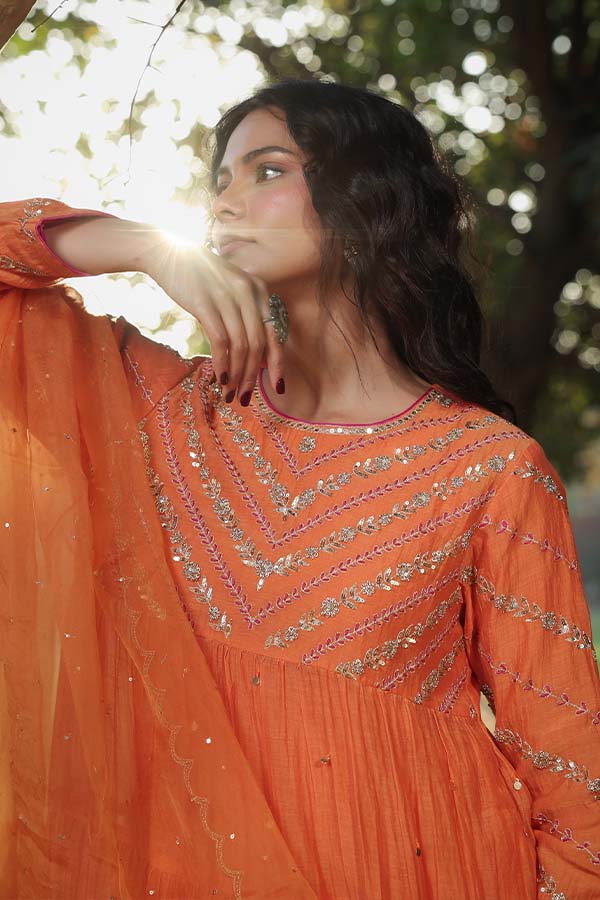 Orange Tier Anarkali Set