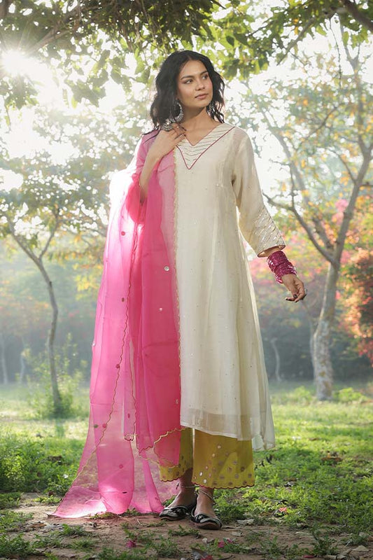 Pearl White Sequinn Side Panel Kurta Set