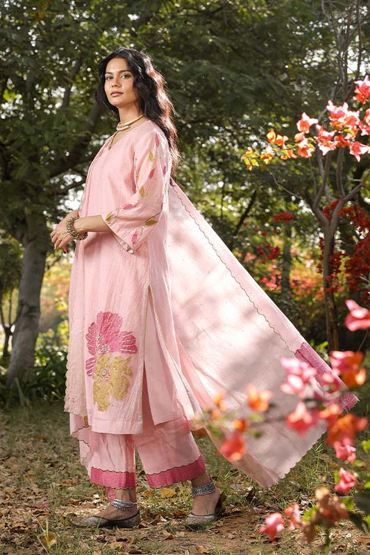 Baby Pink Appliqué Floral A-line Kurta Set