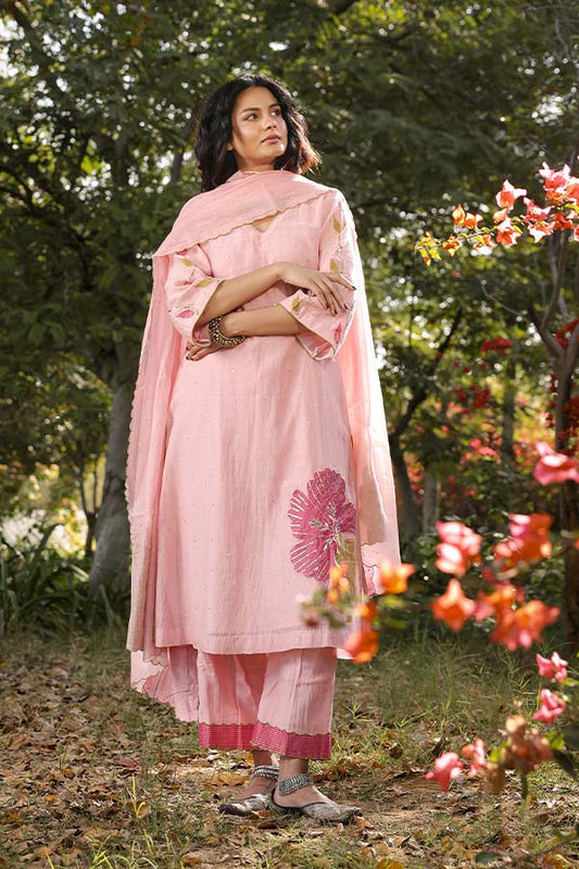 Baby Pink Appliqué Floral A-line Kurta Set