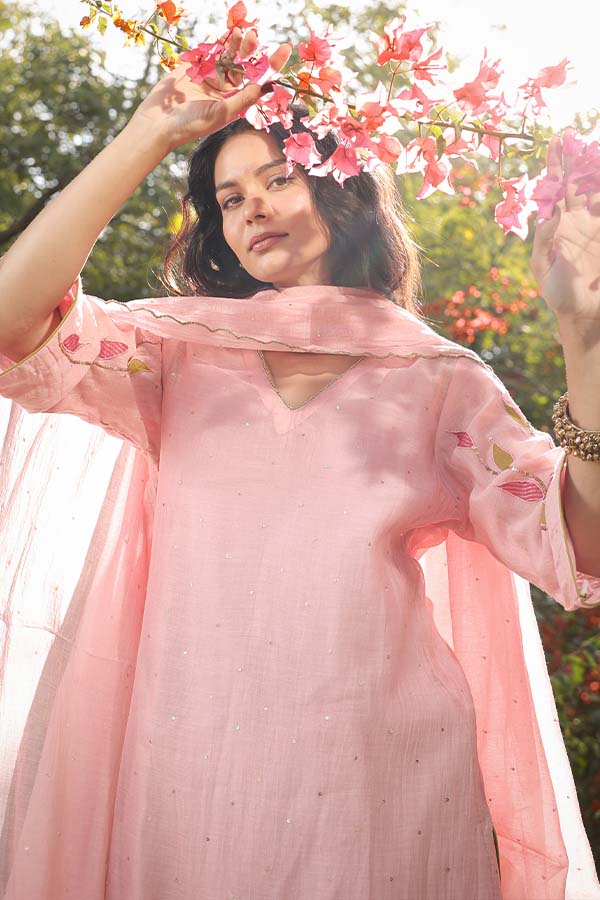 Baby Pink Appliqué Floral A-line Kurta Set