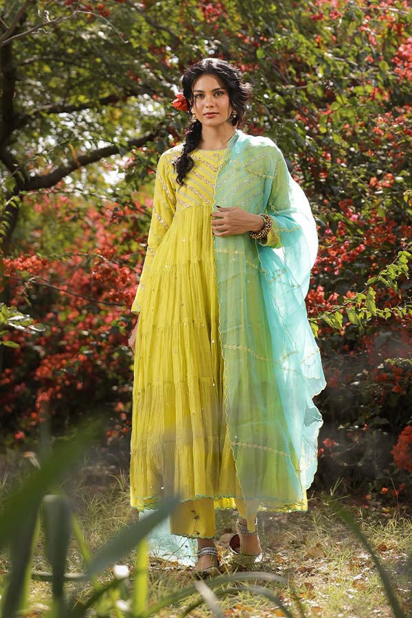 Neon Green Tier Anarkali Set