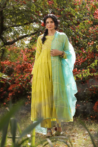 Neon Green Tier Anarkali Set