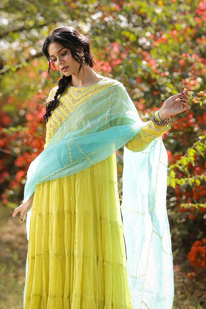 Neon Green Tier Anarkali Set
