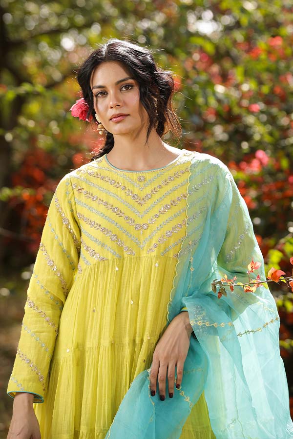 Neon Green Tier Anarkali Set