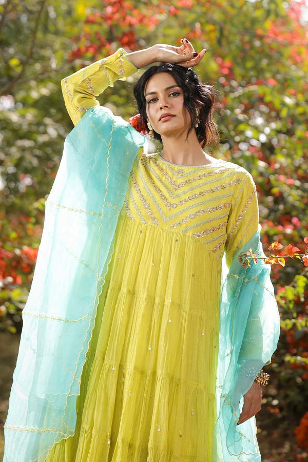 Neon Green Tier Anarkali Set