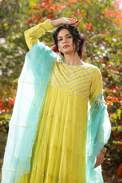 Neon Green Tier Anarkali Set