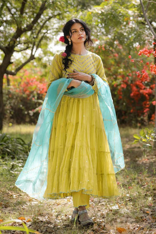 Neon Green Tier Anarkali Set