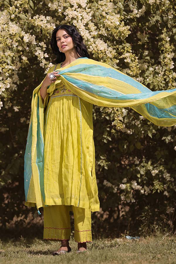 Neon Green Applique Kurta Set