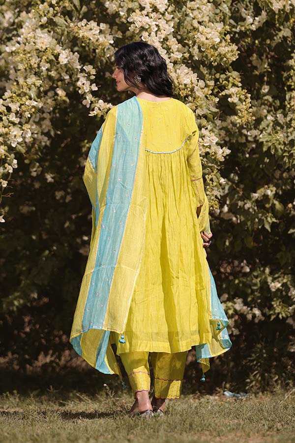 Neon Green Applique Kurta Set