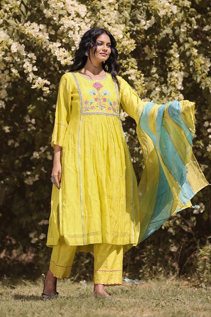 Neon Green Applique Kurta Set