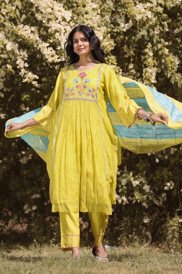 Neon Green Applique Kurta Set