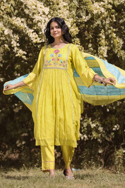 Neon Green Applique Kurta Set