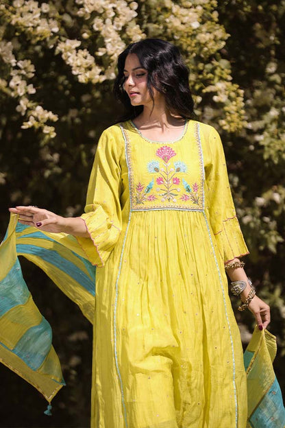 Neon Green Applique Kurta Set