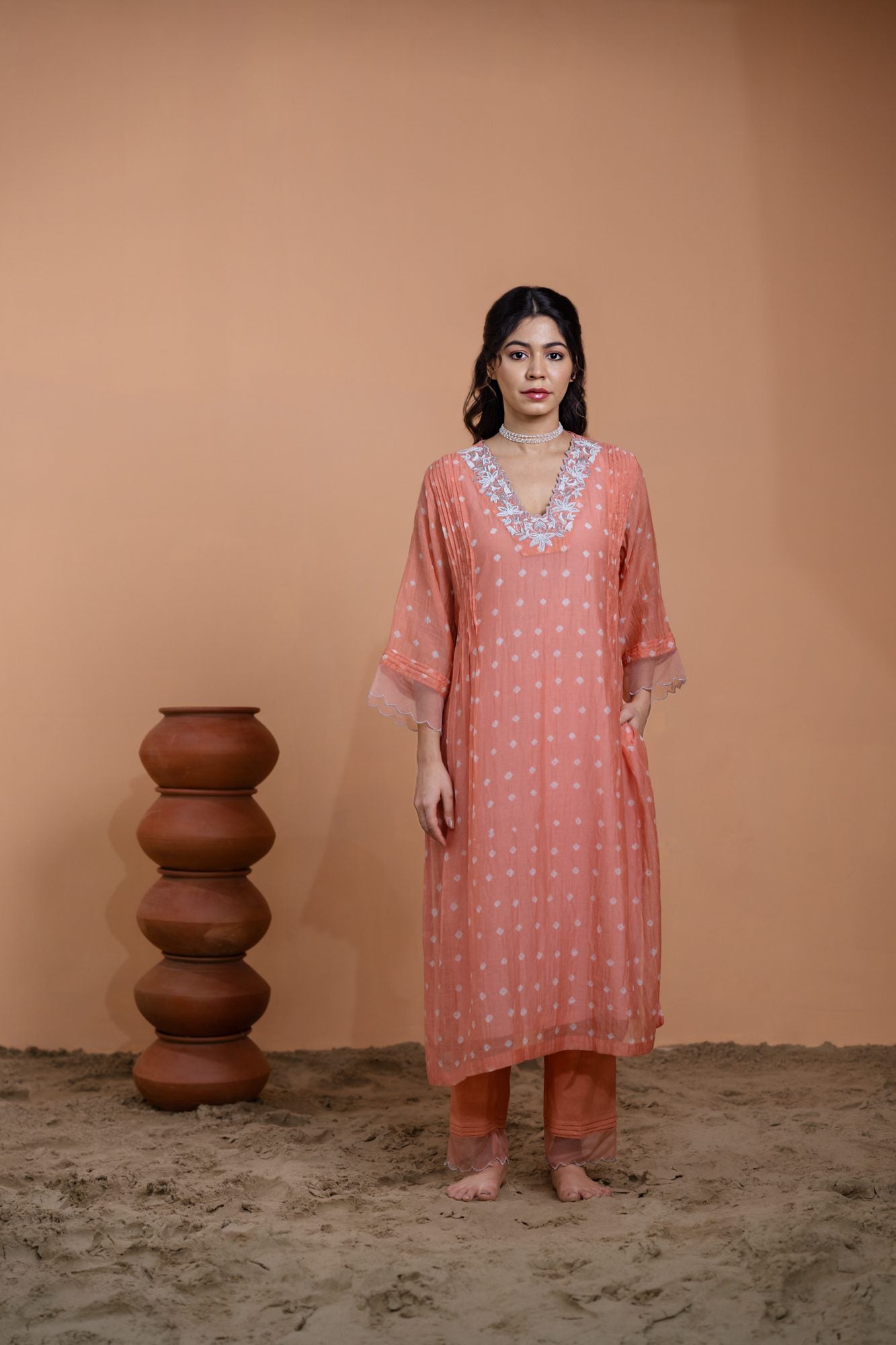 Peach Bandhani A-line Kurta Set