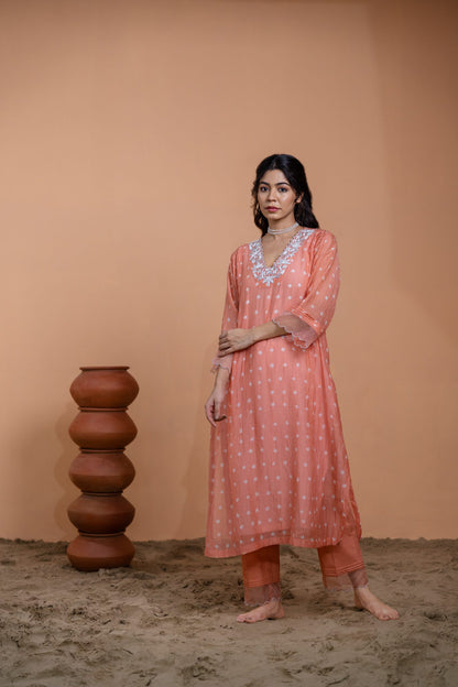 Peach Bandhani A-line Kurta Set