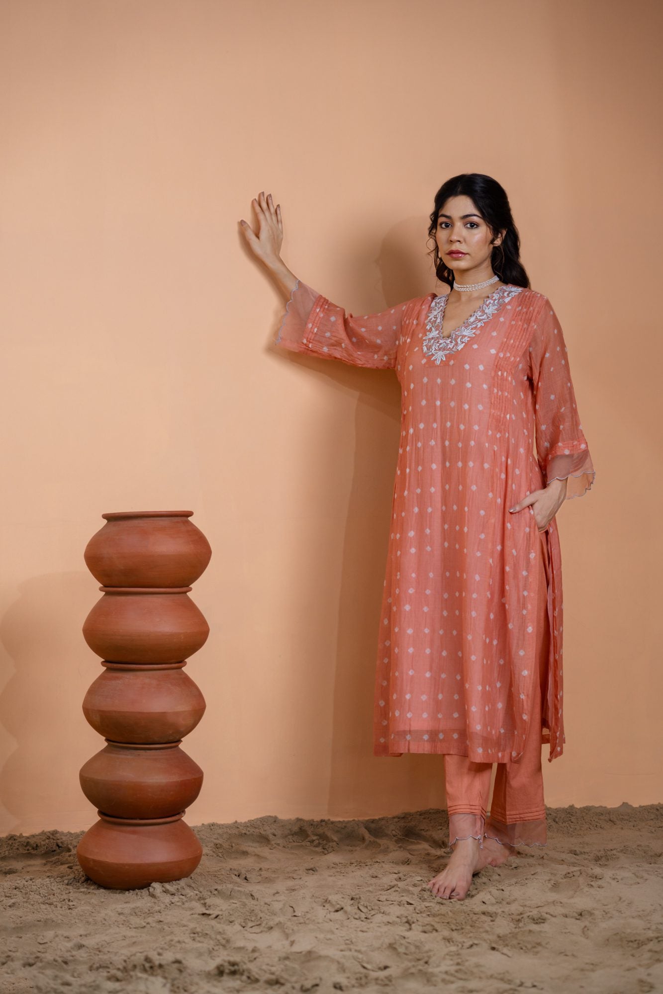 Peach Bandhani A-line Kurta Set