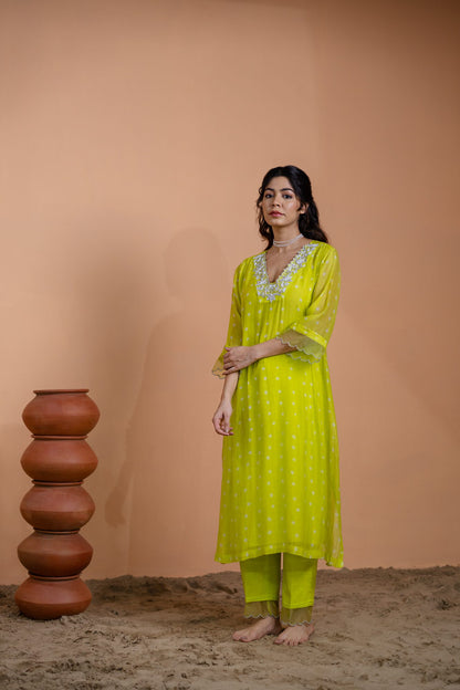 Neon Green Bandhani Kurta set