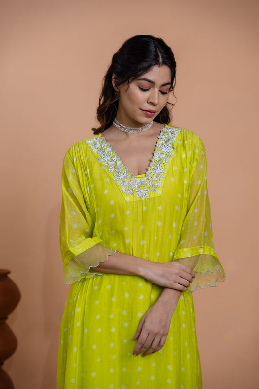 Neon Green Bandhani Kurta set