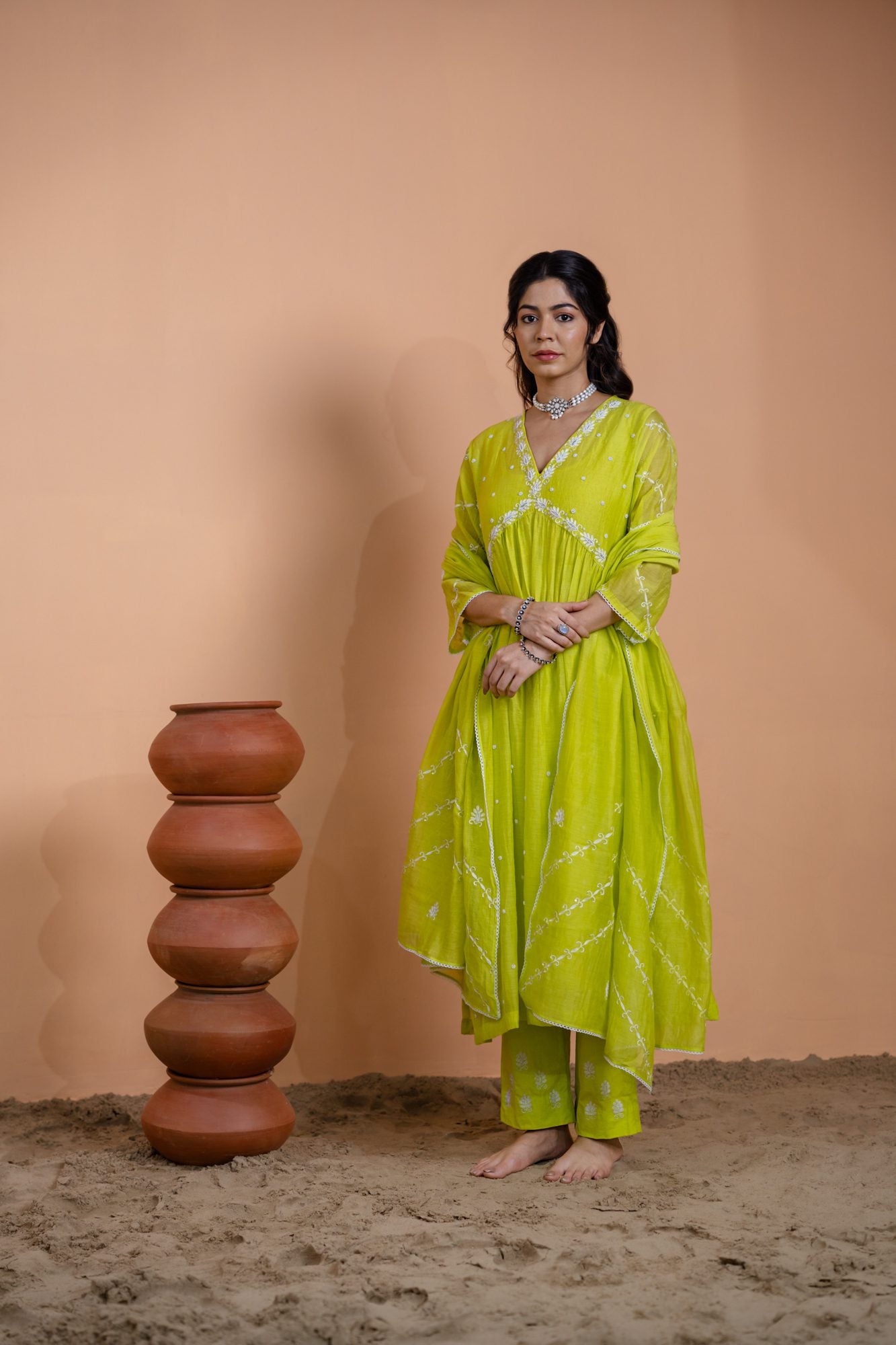 Neon Green Narrow Gathered Suit Set