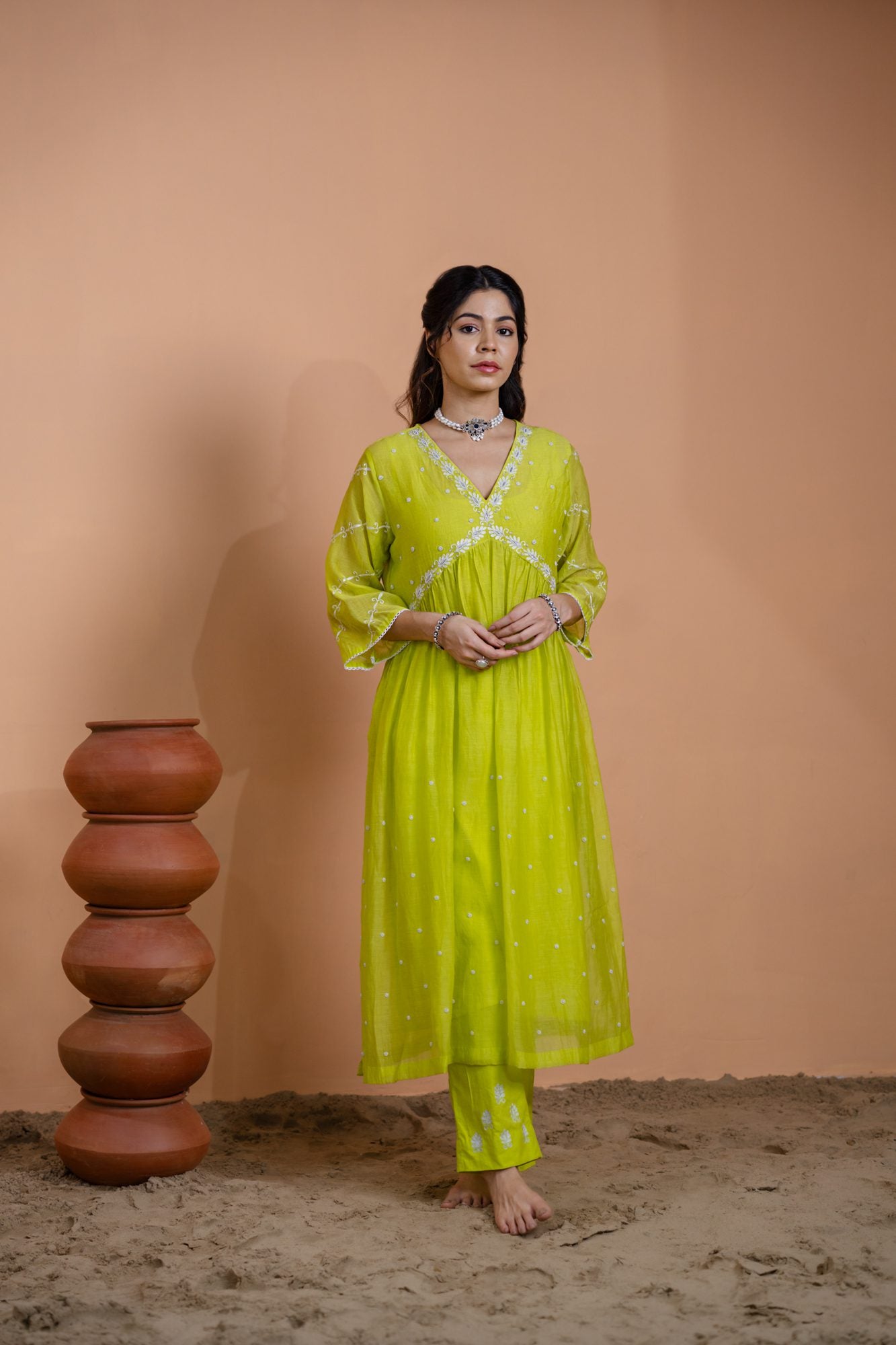 Neon Green Narrow Gathered Suit Set