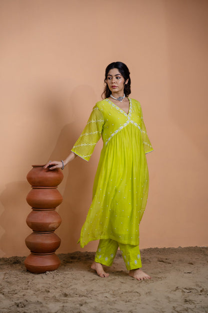 Neon Green Narrow Gathered Suit Set