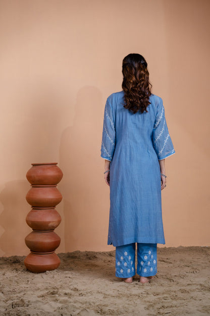 Teal Blue Narrow Gathered A-line Kurta Set